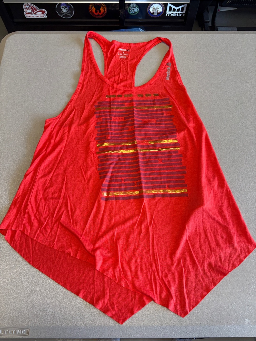 Reebok Women’s Red Racerback Tank with Metallic Stripe Graphic